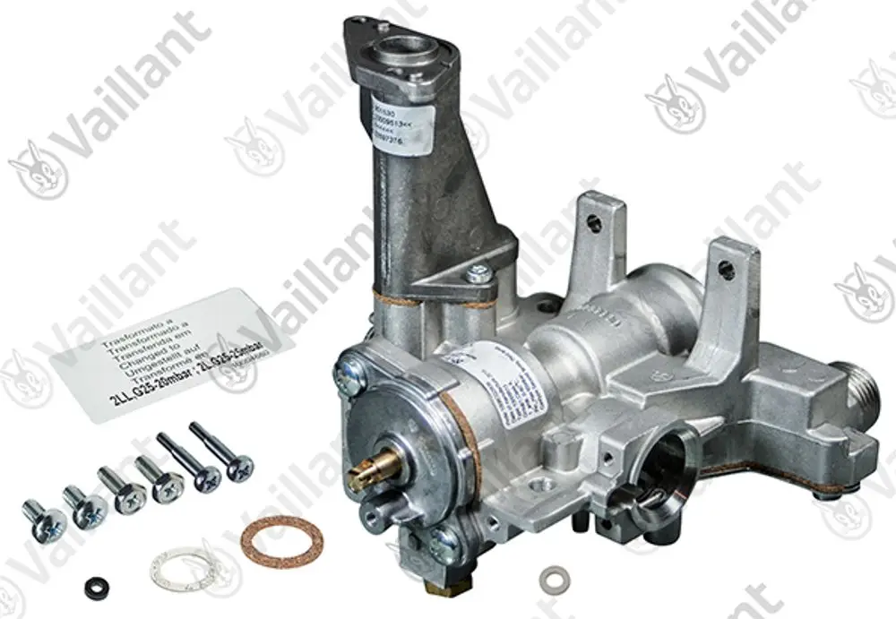 Vaillant Gasarmatur aus Metall mit verschiedenen Anschlussstellen, Schrauben, Dichtungen und einem beschrifteten Typenschild.